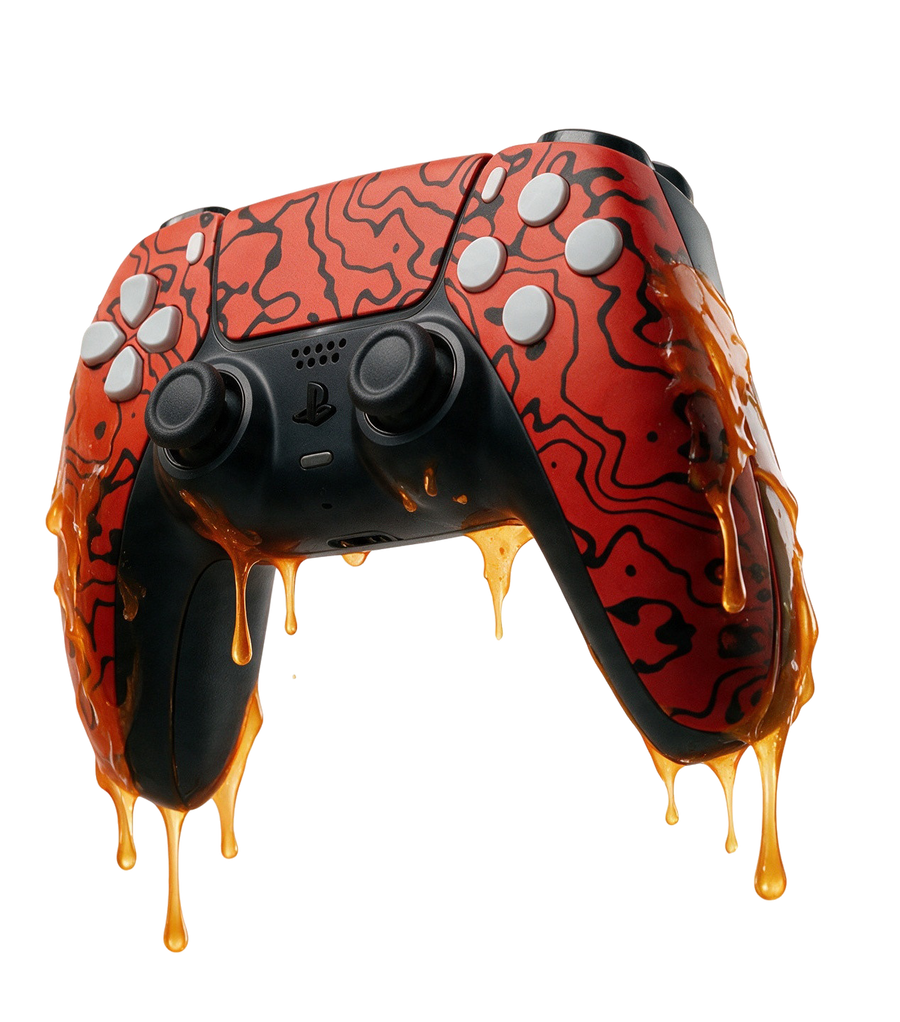 Red topo PS5 pro controller dripping orange goo