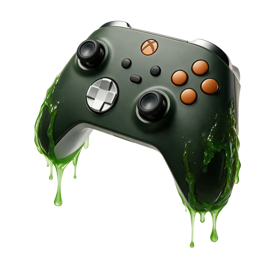 Olive green Xbox pro controller with orange buttons dripping green slime
